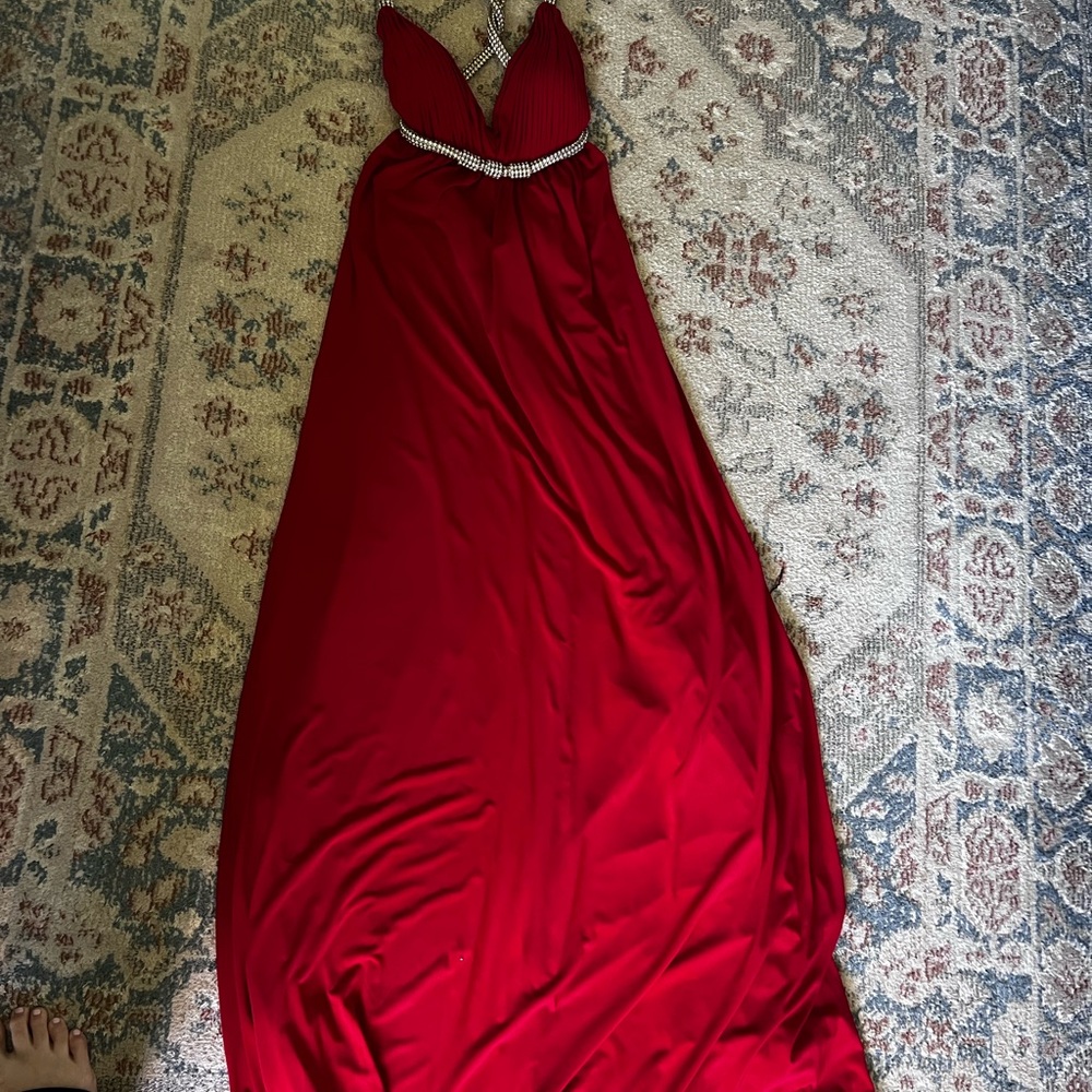 Red Plunge Neck Sleeveless Maxi Gown